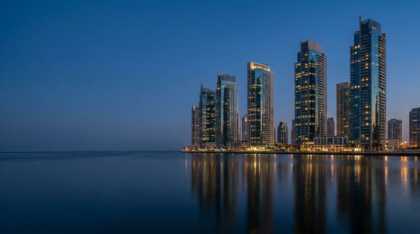 Dubai waterfront skyline at blue hour